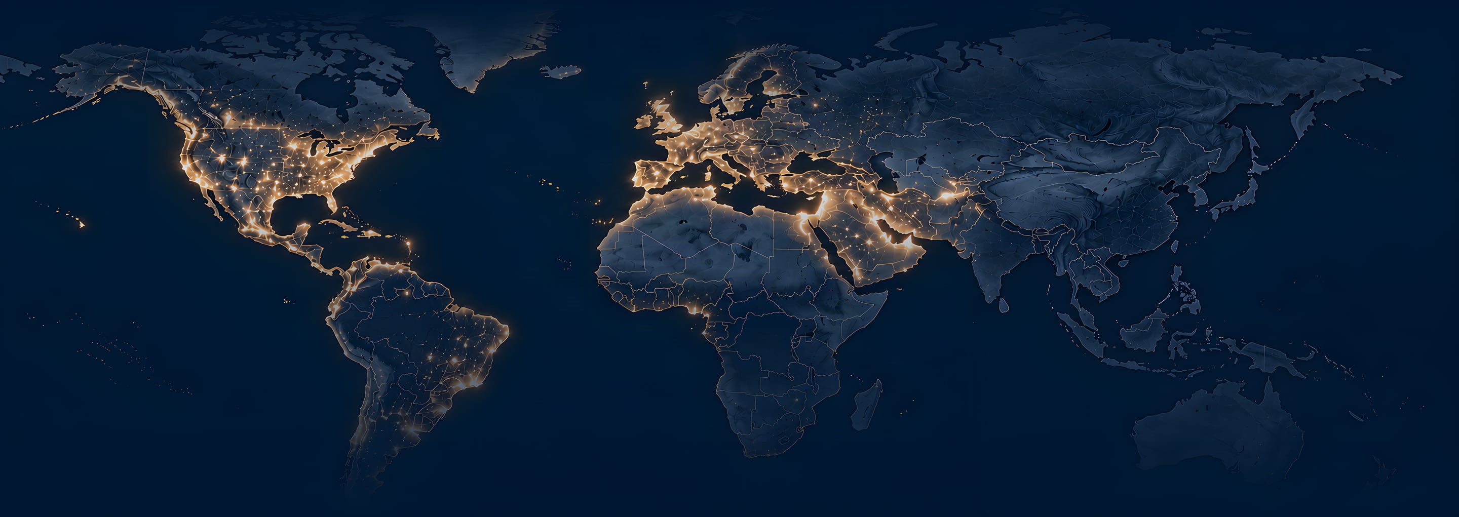 Night map of the world with the Americas, Europe, the Middle East and North Africa lit